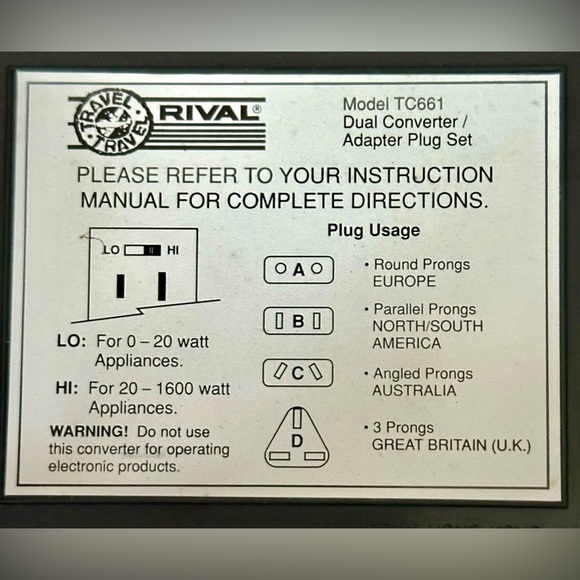 Rival Travel Electrical Voltage Converter Dual Adapter Plug Set in Card Case - Picture 3 of 7